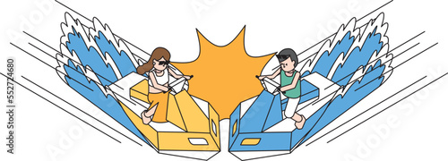 ジェットスキー同士の衝突事故を起こした男性と女性のアイソメイラスト