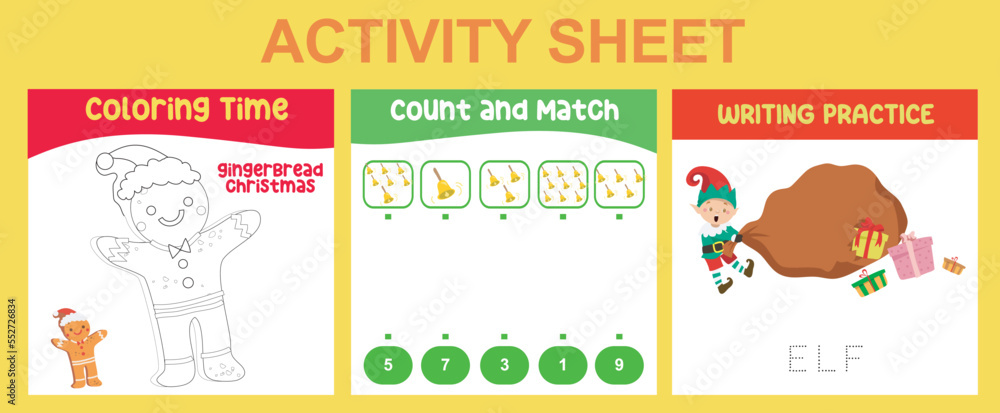 3 in 1 Activity Sheet for children. Educational printable worksheet for preschool. Coloring, count and match, and writing activity. Vector illustrations. 