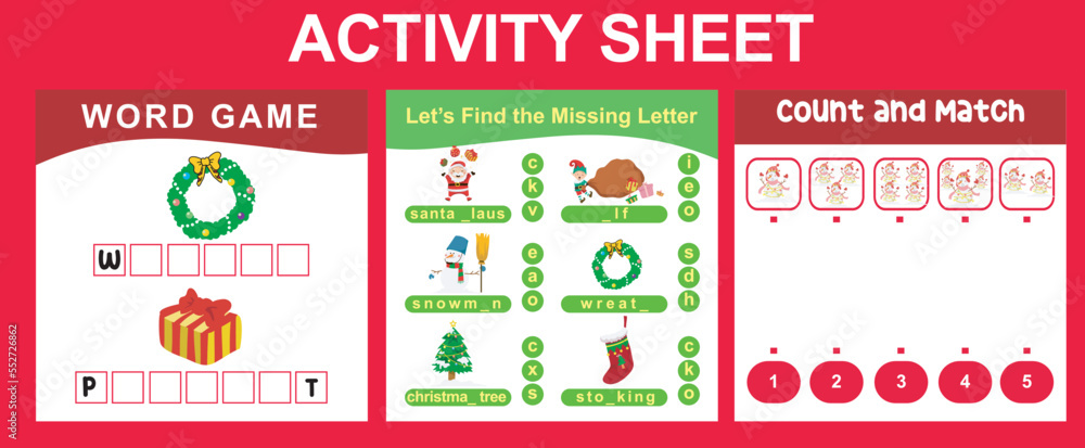 3 in 1 Activity Sheet for children. Educational printable worksheet for preschool. Complete the words, missing letter, count and match activity. Vector illustrations. 