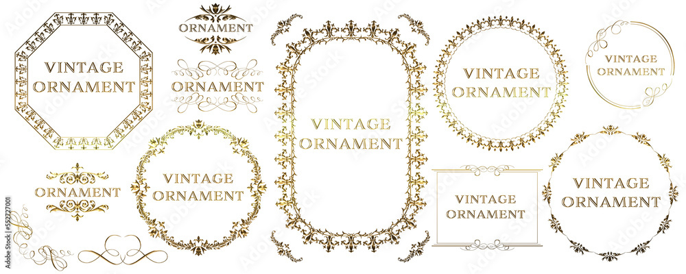 Set of graphic material, gold metallic orient pattern, arabesque pattern, antique, decorative ruled vintage frame Set of graphic material, gold metallic orient pattern, arabesque pattern, antique, decorative ruled vintage frame