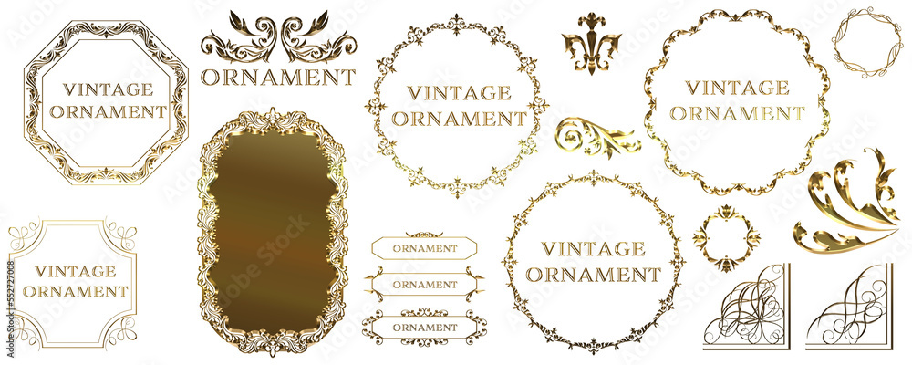 Set of graphic material, gold metallic orient pattern, arabesque pattern, antique, decorative ruled vintage frame Set of graphic material, gold metallic orient pattern, arabesque pattern, antique, decorative ruled vintage frame
