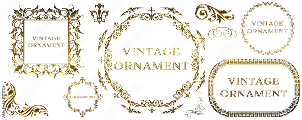 Set of graphic material, gold metallic orient pattern, arabesque pattern, antique, decorative ruled vintage frame Set of graphic material, gold metallic orient pattern, arabesque pattern, antique, decorative ruled vintage frame