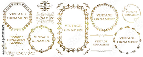 Set of graphic material, gold metallic orient pattern, arabesque pattern, antique, decorative ruled vintage frame