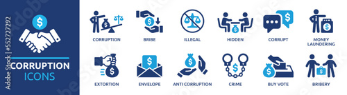 Corruption icon collection. Bribe Money, money laundering, anti corruption, crime and bribery icons. Vector illustration. photo