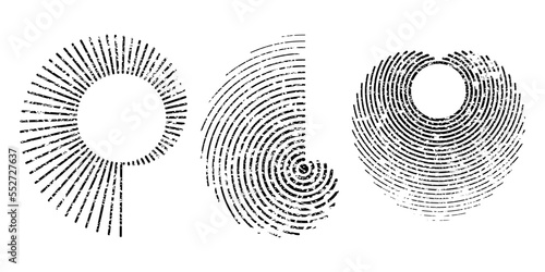 Set of abstract geometric circular shapes. Backdrop texture with vector stripes. Trendy defect frames. Distressed grungy effect. Grainy urban texture of stains, stripes, scratches. Overlay pattern