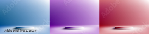 Set of 3D realistic white podium pedestal stand on blue, purple, red colors background with natural lighting