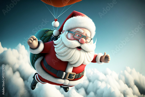 Santa sky diving to deliver some late Christmas presents. Cute illustration, colorful. Generative AI