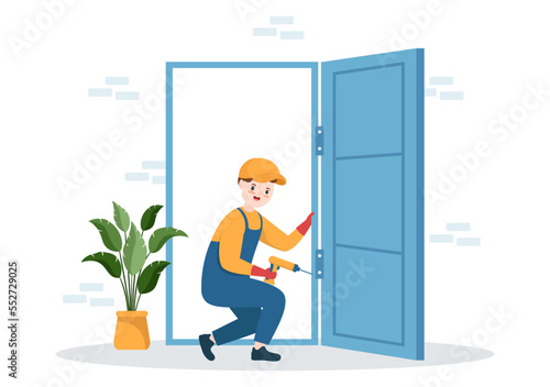 Window and Door Installation Service with Worker for Home Repair and Renovation use Tools in Flat Cartoon Hand Drawn Template Illustration