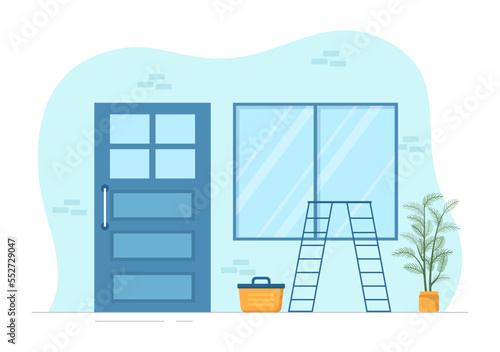 Window and Door Installation Service with Worker for Home Repair and Renovation use Tools in Flat Cartoon Hand Drawn Template Illustration