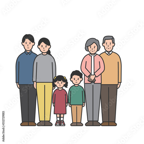 小さい子供のいる家族と老夫婦の三世代家族のイラスト