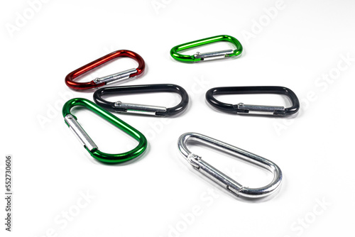 Six small multicolored carabiners for lifting light loads