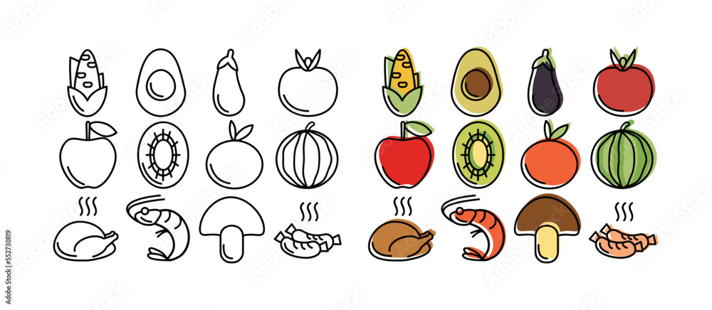 Healthy food icons set. Vector thin line icon in color and black ...