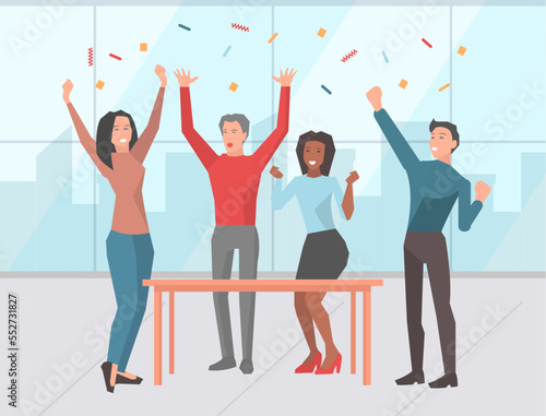 Cheerful team of company celebrating victory throwing confetti in air vector image. Office party. Everyday successful man and woman with arms up vector