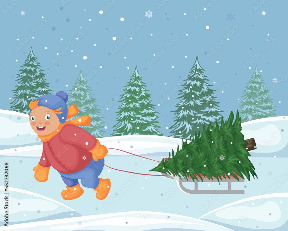 A boy with a Christmas tree on a sled. Winter illustration with a child pulling a sled on which a Christmas tree is lying. Landscape with winter forest and snow. Vector illustration A boy with a Christmas tree on a sled. Winter illustration with a child pulling a sled on which a Christmas tree is lying. Landscape with winter forest and snow. Vector illustration