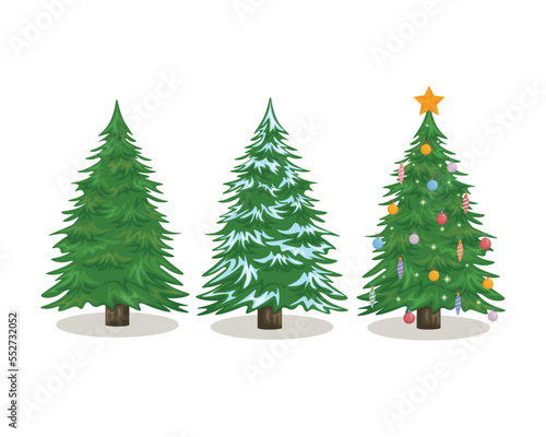 Christmas trees. Three Christmas trees decorated with Christmas balls, the other without decorations. Christmas tree in the snow. Vector illustration.