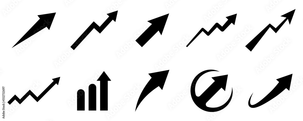 Conjunto de iconos de flechas de crecimiento. Ganancia. Flechas inclinadas hacia arriba de diferentes estilos. Crecimiento económico. Ilustración vectorial Conjunto de iconos de flechas de crecimiento. Ganancia. Flechas inclinadas hacia arriba de diferentes estilos. Crecimiento económico. Ilustración vectorial