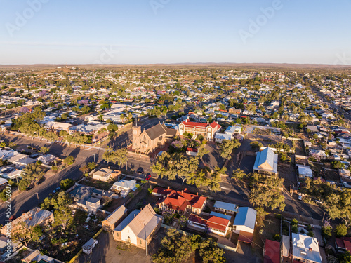Cuadro en lienzo Early morning sunrise high angle aerial drone view of the Cathedral of the Sacred Heart of Jesus, a catholic church, and the historic outback mining town of Broken Hill, New South Wales, Australia