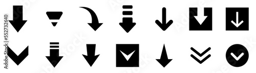 Conjunto de iconos de flechas hacia abajo. Descargar, bajar. Concepto de descarga. Ilustración vectorial photo