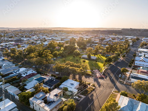 Early morning sunrise high angle aerial drone view of Sturt Park, a recreational park named after British explorer Charles Sturt, in the outback mining town of Broken Hill, New South Wales, Australia.