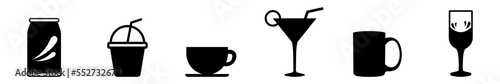 Conjunto de iconos de bebidas. Copa de vino, coctel, refresco, taza de café. Ilustración vectorial