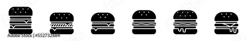Conjunto de iconos de hamburguesa, estilo silueta negro. Comida rápida. Ilustración vectorial