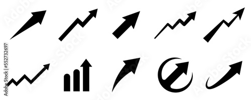 Conjunto de iconos de flechas de crecimiento. Ganancia. Flechas inclinadas hacia arriba de diferentes estilos. Crecimiento económico. Ilustración vectorial photo