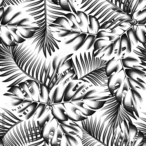 vintage monstera palm leaves seamless pattern on white background. tropical plants foliage seamless background in monochromatic stylish color. Exotic wallpaper. Summer design. surf design. spring. 
