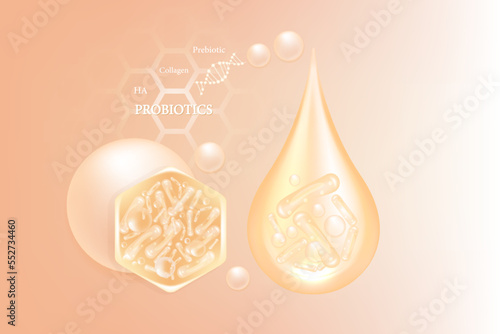 Probiotic and Hyaluronic acid skin solutions ad, creamy collagen, and vitamin serum drops with cosmetic advertising background ready to use illustration vector.