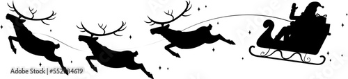 silhouette of a Christmas reindeer and Santa Claus flying.