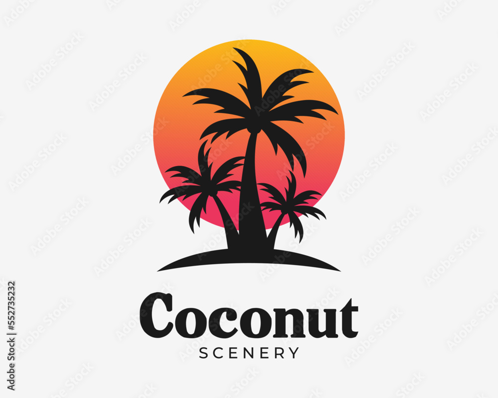 Coconut Tree Palm Tropical Beach Island Silhouette Summer Sun Sunset Holiday Vector Logo Design