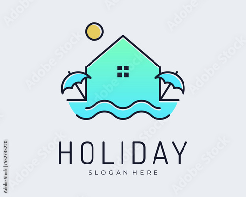 Swimming Pool Vacation Holiday Home Resort House Poolside Lounge Relax Summer Vector Logo Design