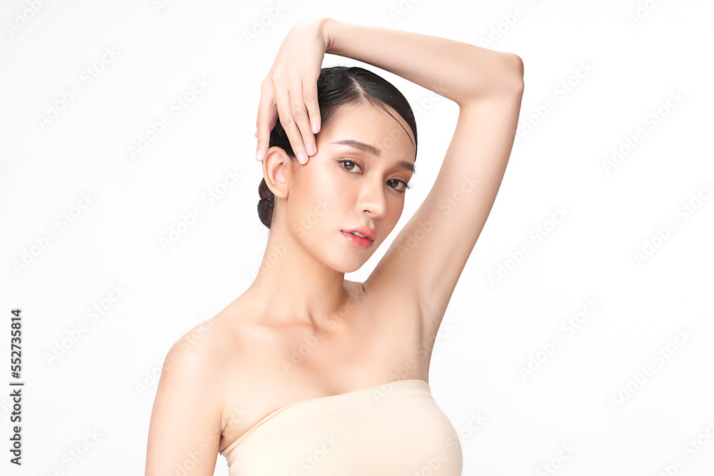 Obraz premium Beautiful young asian woman with clean fresh skin on white background, Face care, Facial treatment, Cosmetology, beauty and spa, Asian women portrait.