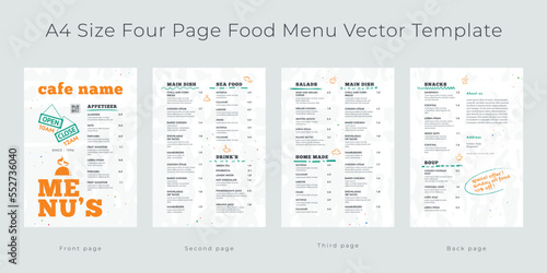 Restaurant cafe menu, template design,
a4 size, four page food menu template