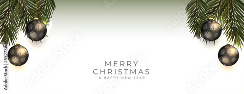 realistic merry christmas occasion banner with fir branches and bauble