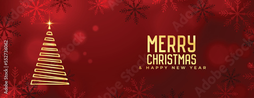 abstract xmas tree on merry christmas red banner with snowflake