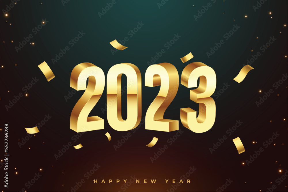 3d golden 2023 new year event banner with confetti decoration