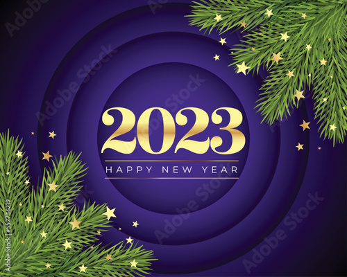 happy new year 2023 wishes card banner with christmas fir design vector illustration