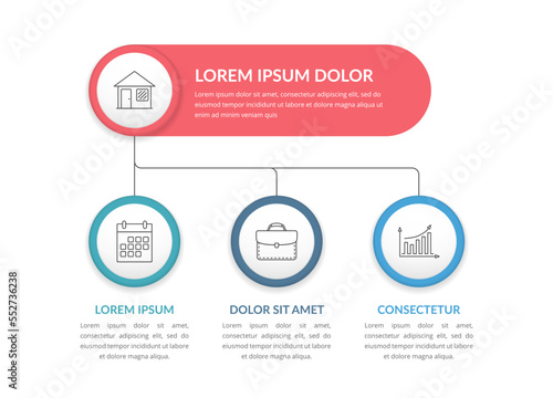 Infographic template with main title and 3 elements, flowchart