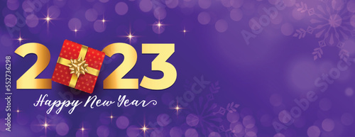 happy new year 2023 purple banner in bokeh background