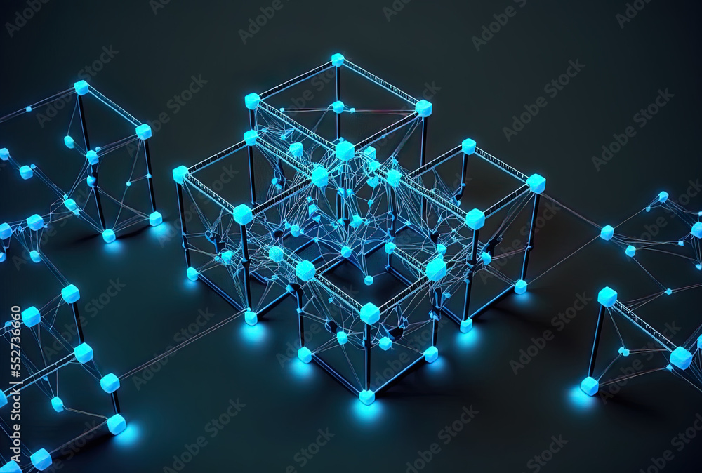 Obraz premium Background of a blue neon plexus network with cubes. Generative AI