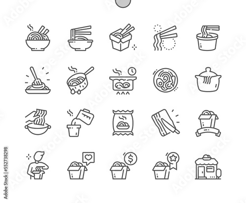 Noodle. Asian food. Box and chopsticks. Cooking noodles. Menu for cafe. Pixel Perfect Vector Thin Line Icons. Simple Minimal Pictogram