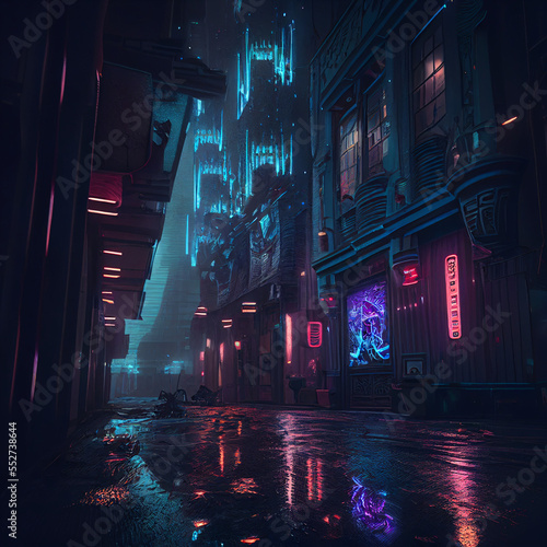A cyberpunk city neon lights at night created with generative AI technology