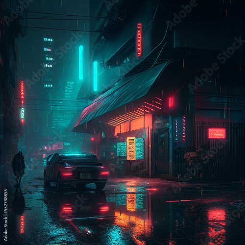A cyberpunk city neon lights at night created with generative AI technology