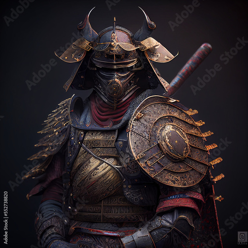 Fully armored samurai with sword and shield created with generative AI technology 