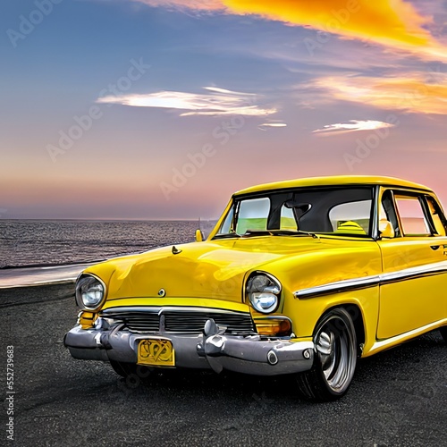 Classic yellow car by the coast