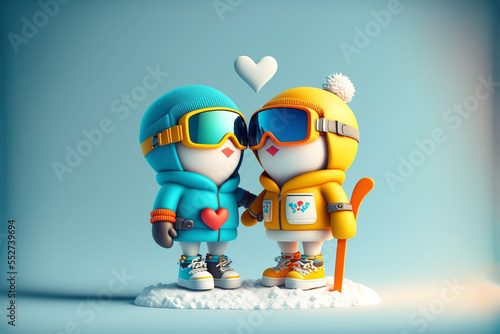 Couple in love dressed for winter outdoors enjoying a romantic moment with a white floating heart above. Generative AI