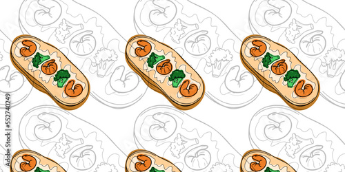 Seamless pattern with Japanese bruschetta with broccoli and shrimp. Doodle style or hand drawing.
vector illustration