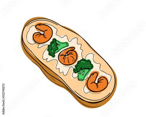 Japanese bruschetta with broccoli and shrimp. Doodle style or hand drawing.