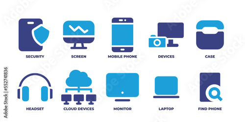 Device icon set. Duotone color. Vector illustration. Containing a security icon, mobile phone icon, screen icon, devices icon, icon, case icon, headset icon, cloud devices icon, and other