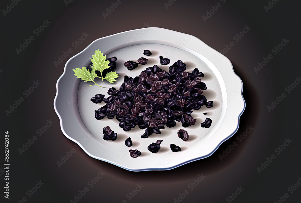 a top view Grape raisins that have been dried and sour are within a white plate that has a black surface. Generative AI a top view Grape raisins that have been dried and sour are within a white plate that has a black surface. Generative AI